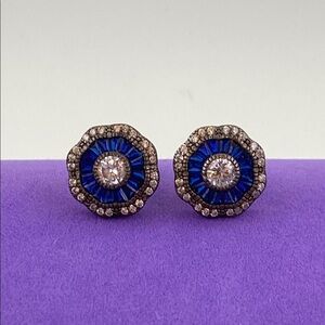 💛 NEW Art Deco 925 Blue & White Crystal Stud Earrings